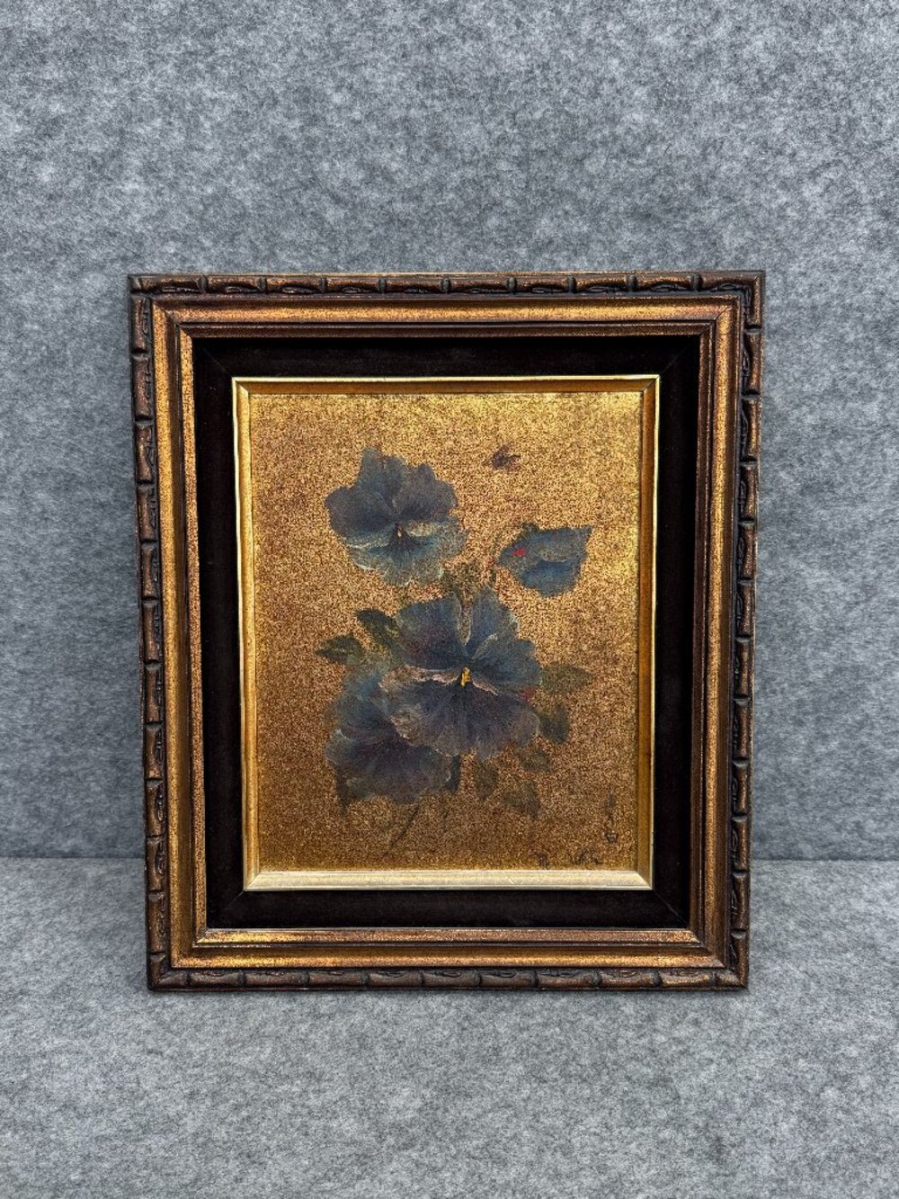 Vintage Japanese Gold Leaf Floral Painting Blue Pansies Ornate Velvet Frame MCM